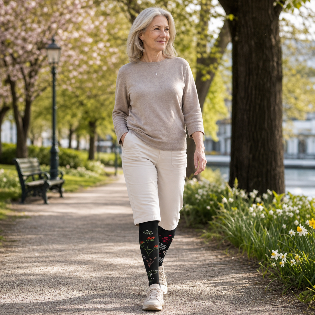 Kvinne på tur med sorte blomstrete LivLett kompresjonssokker